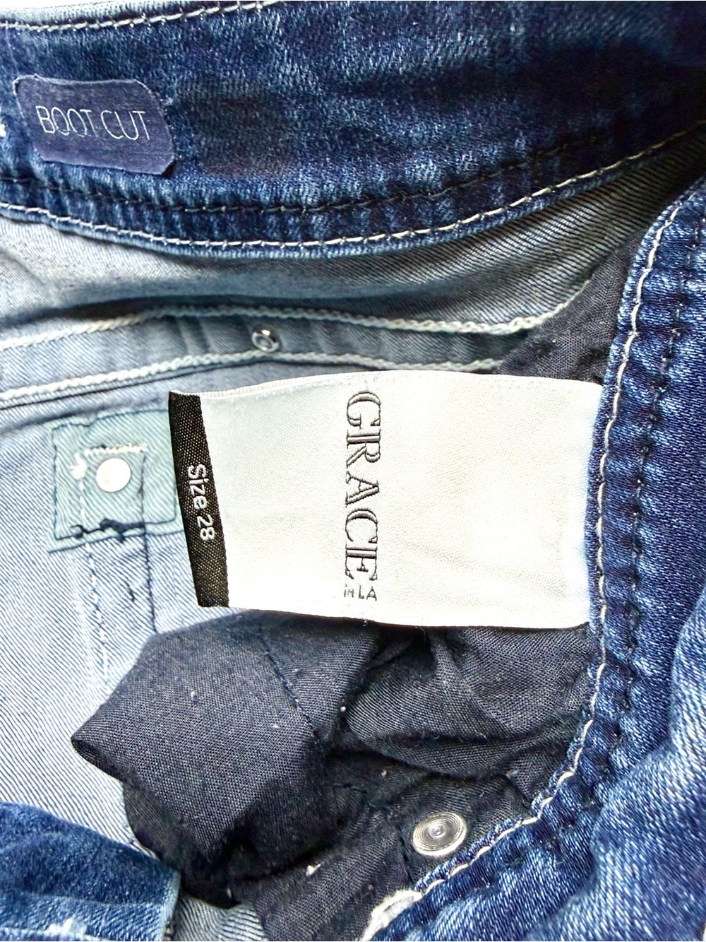 Grace in LA Medium Blue Bootcut Jeans with Beaded Pocket Accents - Picture 7 of 10